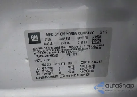 2015 Buick Encore из США, поврежденный, VIN KL4CJGSB5FB263027